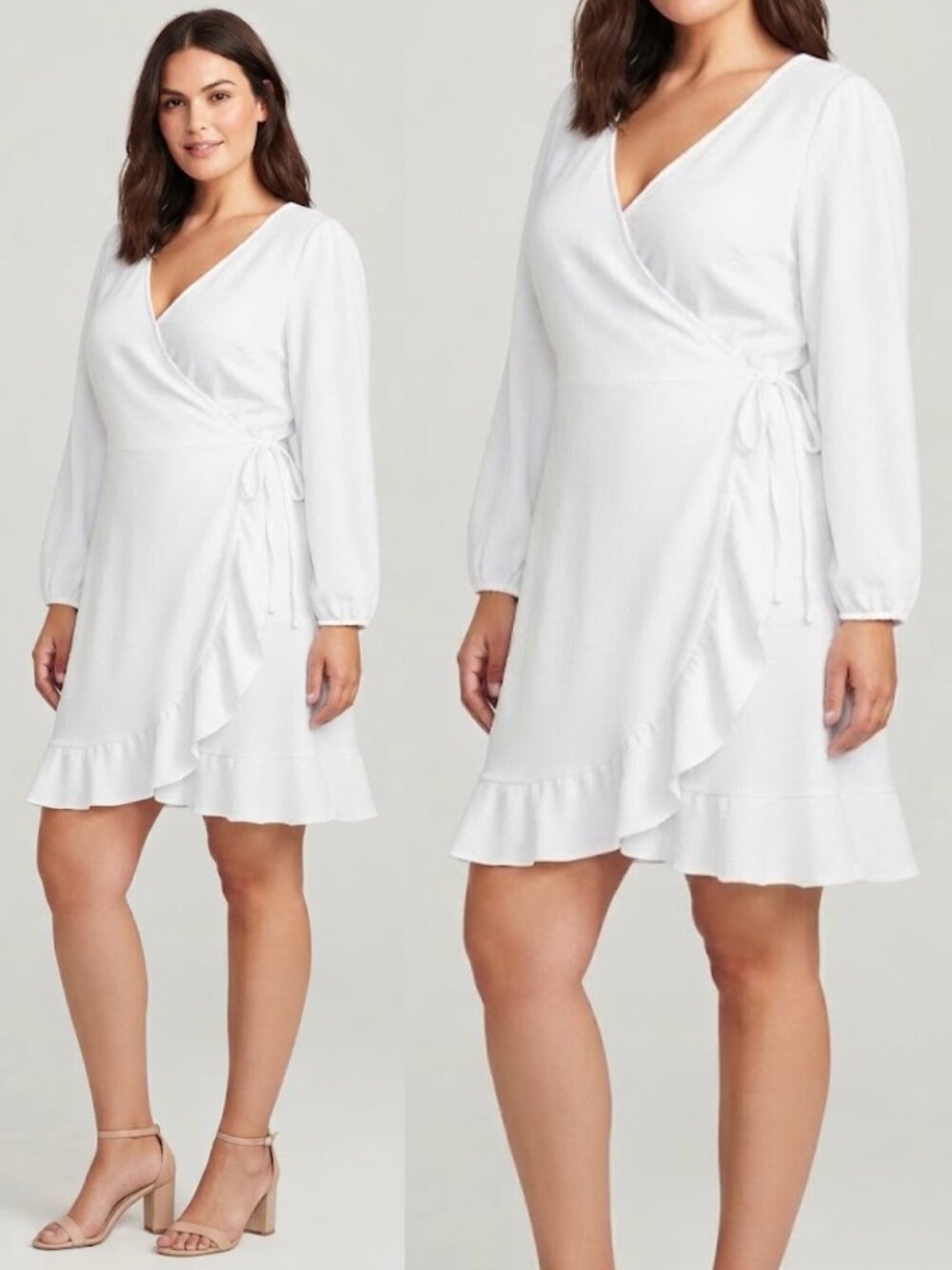 Cato White Wrap Dress XL | Romantic V Neck Ruffle Hem | Long Sleeve NWT